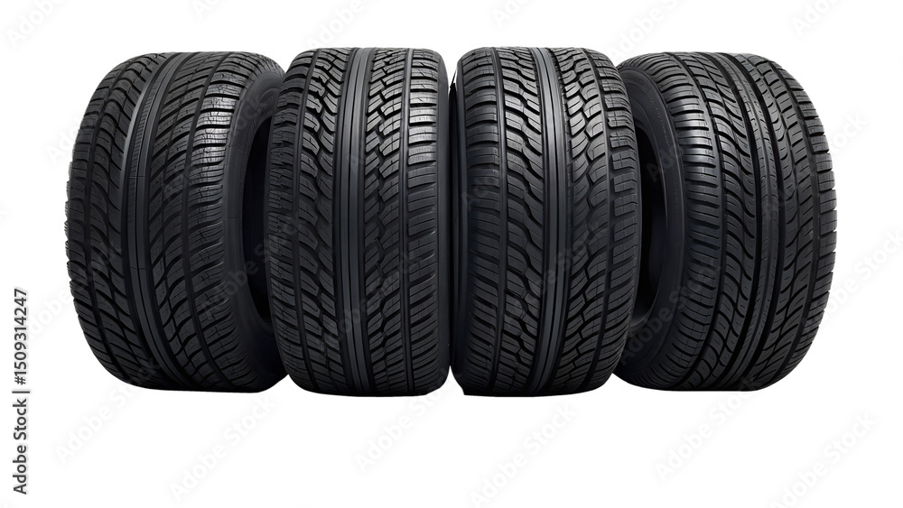 Four New Car Tires Stacked Together on a Black Background in Studio Lighting Four New Car Tires Stacked Together on a Black Background in Studio Lighting