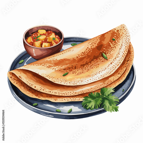 Masala Dosa with Potato Filling – Watercolor Style