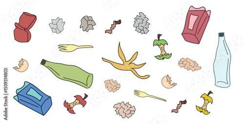 Colorful Trash and Debris Illustration isolated on White Background. Concept of Environmental Awareness, Pollution, Recycling, Waste Management, Litter Cleanup. Art for Eco Campaigns
