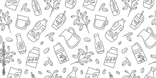 Black and white seamless pattern with doodle outline oat milk and oat branches, ears. Plant based alternative beverage. Vegan calcium source. Healthy nutrition.