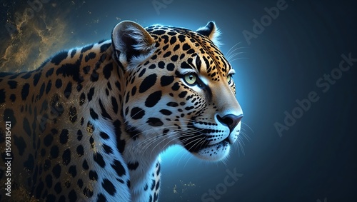 A majestic jaguar is depicted in a mystical atmosphere, exuding spirituality