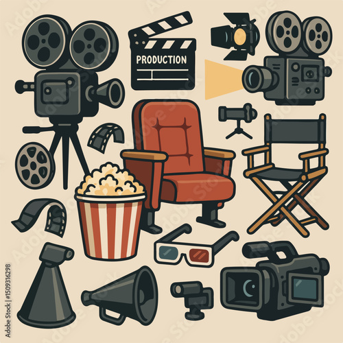 cinema, movie theater, film, production, director's chair, clapperboard, reels, projector, popcorn, popcorn box, 3D glasses, video camera, microphone, spotlight, vintage, retro, 