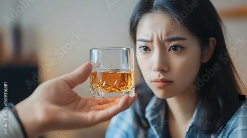 Reluctant acceptance a young woman hesitates before accepting a glass of whiskey offered by someone
