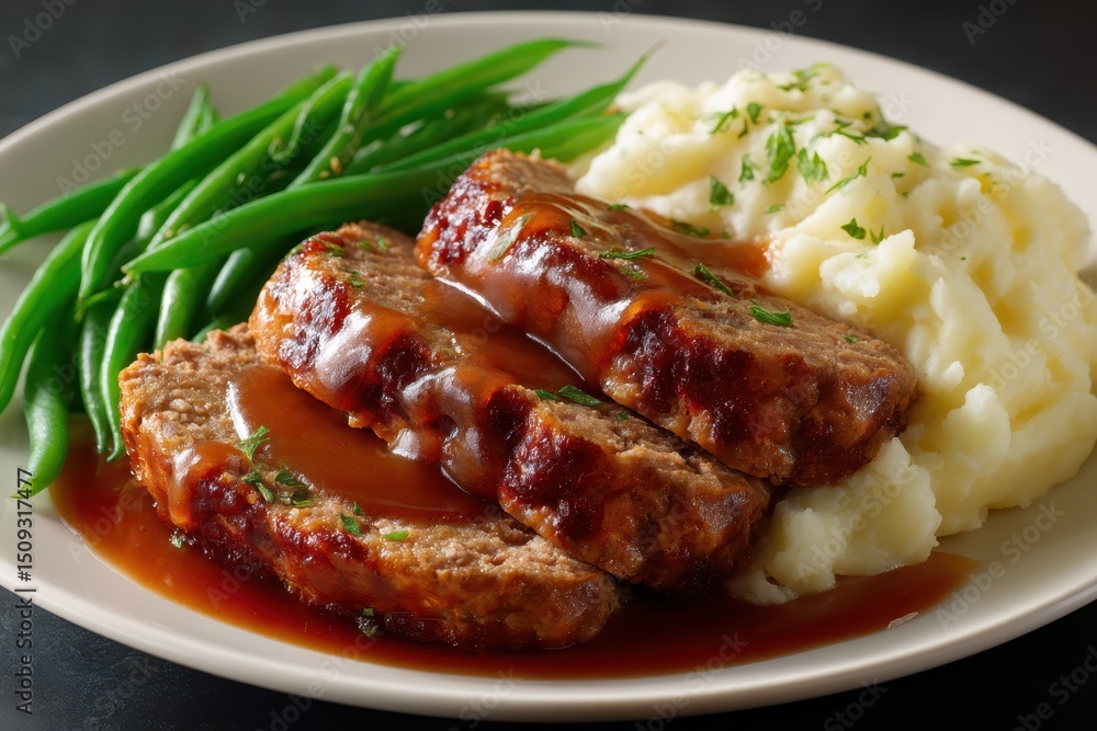 Meatloaf Hackbraten mit Kartoffelpüree Bratensauce Hausmannskost Amerikanisches Komfortessen Ofengericht Sättigend Fleischgericht Grüne Bohnen Familienessen Klassisch Deftig Abendessen Tellergericht Meatloaf Hackbraten mit Kartoffelpüree Bratensauce Hausmannskost Amerikanisches Komfortessen Ofengericht Sättigend Fleischgericht Grüne Bohnen Familienessen Klassisch Deftig Abendessen Tellergericht
