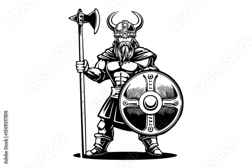 Black and white portrait of a frowning angry Celtic warrior in a horned helmet,  with shield and axe, Viking or Gallic warrior,