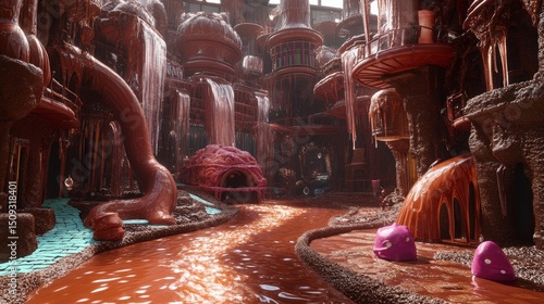 An enormous, whimsical chocolate factory with rivers of molten chocolate