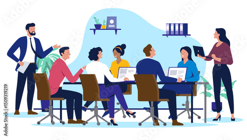 Team of business professionals in a modern office collaborating during a productive meeting, with colleagues discussing strategy around a conference table with laptops. Teamwork concept in flat design