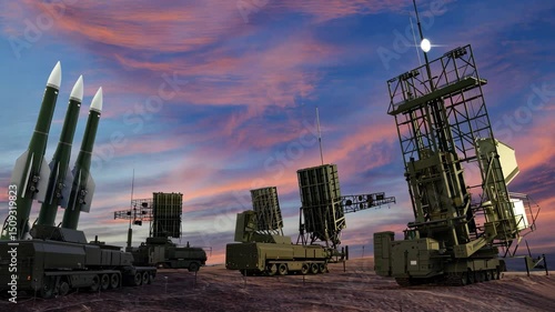Air Defense Missile System Batteries and Radar Against a Dramatic Sunset Sky