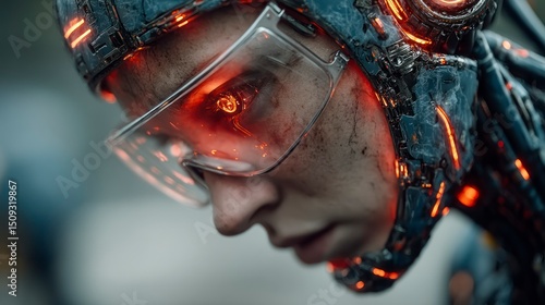 Cybernetic Enhancement Futuristic Human with Glowing Red Lights and Advanced Technology Interf