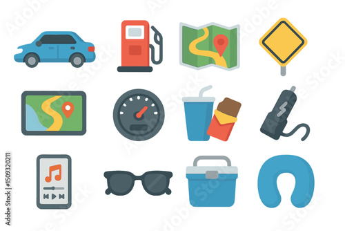 Travel and navigation icons: car, map, speedometer, fuel, gps, snacks
