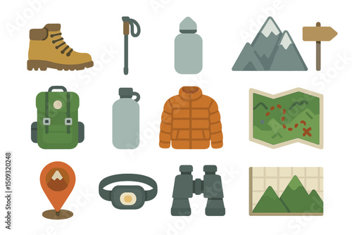 Hiking equipment icons: backpack, map, jacket, boots, mountains, water bottle