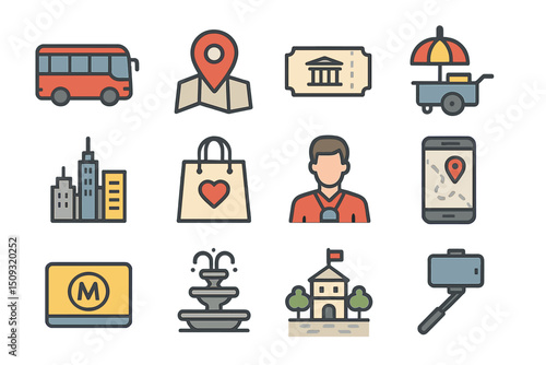 Colorful travel icons including bus, map, ticket, building, fountain, vendor
