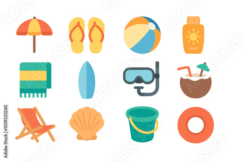 Colorful glowing beach icons: umbrella, flip flops, ball, sunscreen, coconut