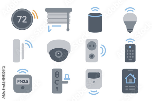 Smart home technology icons featuring security, automation, and monitoring devices