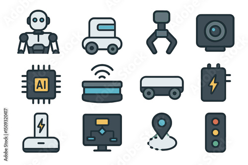 Futuristic robotics and ai icons featuring robots and technology symbols
