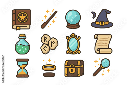 Collection of magic icons featuring wand, crystal ball, potion, witch hat, treasure chest