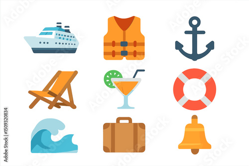 Cruise and beach vacation icons: ship, life vest, anchor, chair, drink