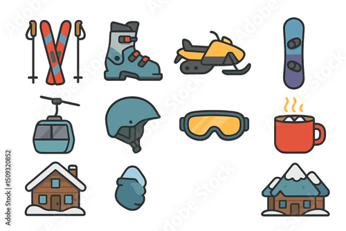 Winter sport equipment collection with skiing and snowboarding essentials