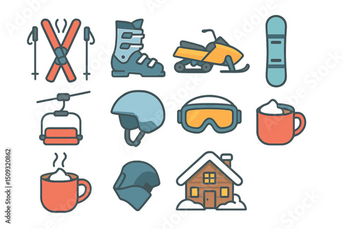 Winter sports icons: skis, snowmobile, snowboard, helmet, goggles, cabin