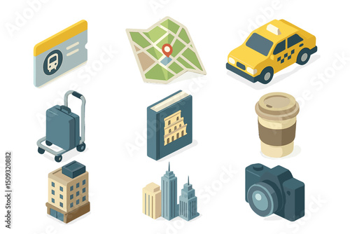 Isometric travel icons: taxi, map, camera, coffee, luggage, building