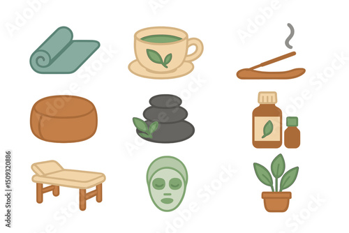 Relaxing spa icons: yoga, tea, aromatherapy, massage, meditation, wellness