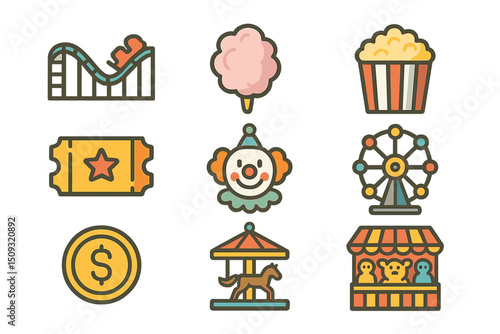Colorful amusement park icons featuring rides, snacks, and clowns