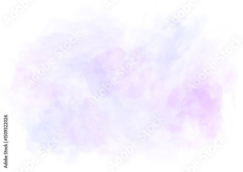 Vibrant purple watercolor stain with smoky, misty effects. Soft, pale brushstroke spot on transparent background, artistic wallpaper element. Abstract fluffy clouds, fog, smoke.