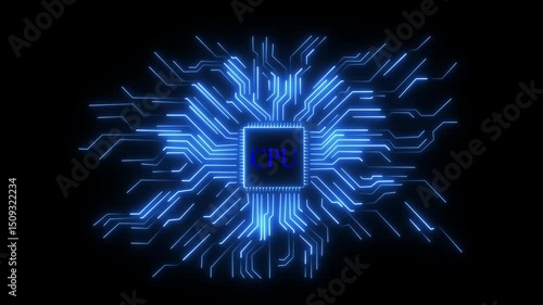 Innovative ideas, progress and research for global network. Isolated illuminated neon lines on transparent background. Concept animation of CPU microprocessor on motherboard,