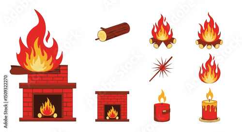 Fire Icons Fireplace, Campfire, Candle, and Flame Illustrations