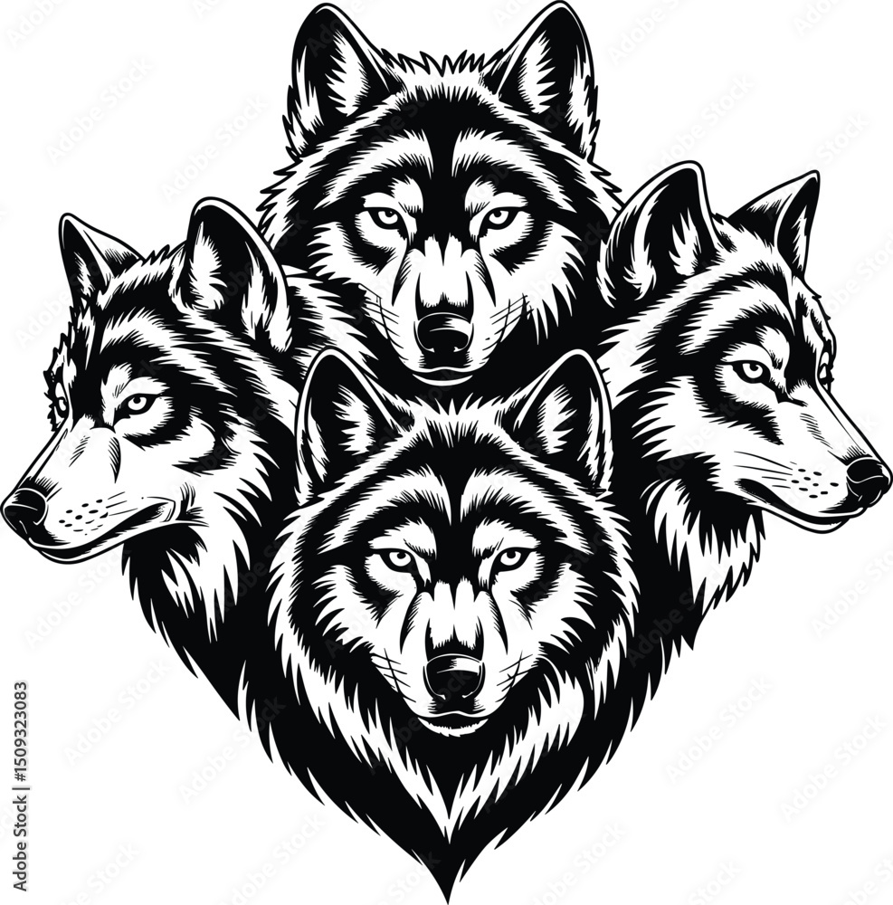 Three-headed wolf silhouette, wolf vector suitable for t-shirt design, metal album rock cover, wall mate, tattoo, sticker isolated on white background. Three-headed wolf silhouette, wolf vector suitable for t-shirt design, metal album rock cover, wall mate, tattoo, sticker isolated on white background.