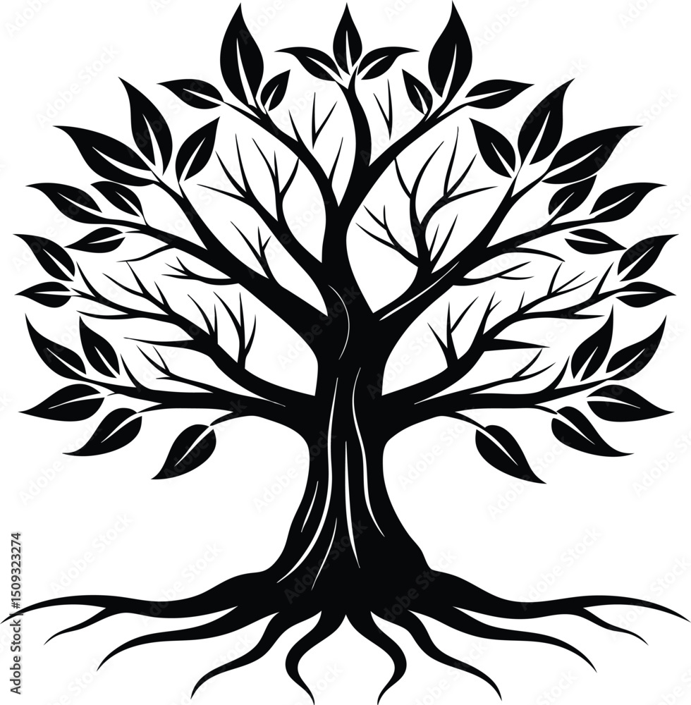 Obraz premium tree roots silhouette, downward growth, nature base