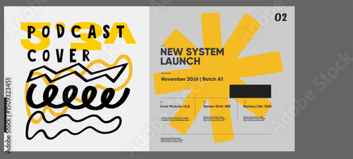 Podcast cover design with expressive hand-drawn lines and abstract yellow shapes, balanced with a clean launch panel for product announcement.