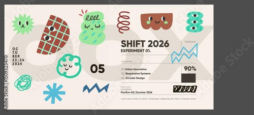 Whimsical and quirky typographic layout with cute characters, data visual elements, and playful doodles in a pastel palette, themed around innovation.