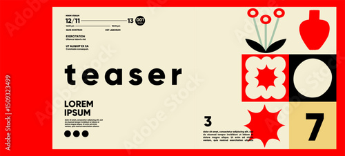 A bold teaser-style poster using stark red and black contrasts, modular retro icons, and abstract grid composition to evoke visual curiosity.