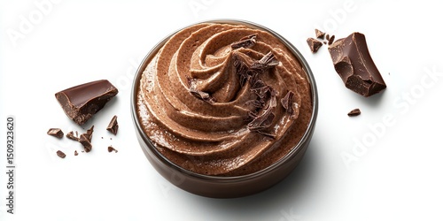 Decadent chocolate mousse with chocolate shavings and pieces on a bright background