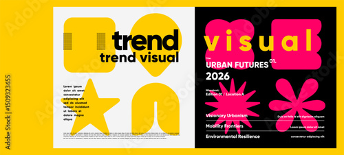 Bold trend visual poster with geometric icons, strong typographic contrasts, and vibrant hot pink elements creating a forward-looking aesthetic.