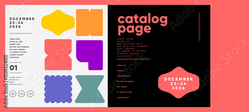 Bright catalog design with bold shapes and contrasting layout, combining simple geometric forms and modern typography on a coral and black base.