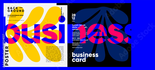 Modern overlapping text composition in bold colors with abstract shapes and vivid contrast, perfect for business card and corporate visual design.