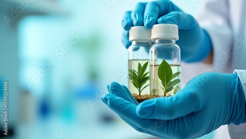 Scientist holding bottles with plants for research on natural medicine