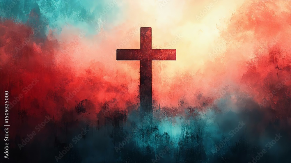 A dramatic and colorful depiction of a cross silhouetted against a vibrant, abstract background. Perfect for religious themes and spirituality. A dramatic and colorful depiction of a cross silhouetted against a vibrant, abstract background. Perfect for religious themes and spirituality.