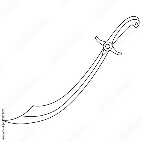 Hand drawn shamshir sword with a curved single-edged blade and decorative hilt. Black outline illustration perfect for coloring books, historical weapon sets, or fantasy collections.