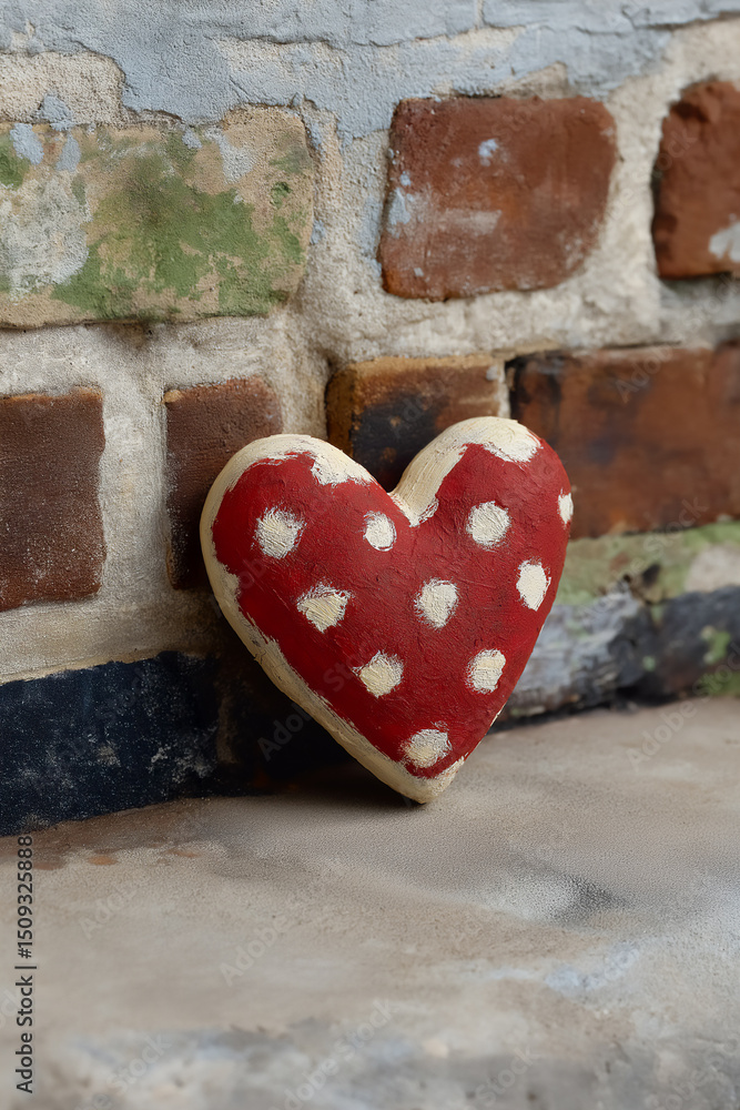 Obraz premium Heart shaped rock painted red and white, against a weathered brick wall, copy space