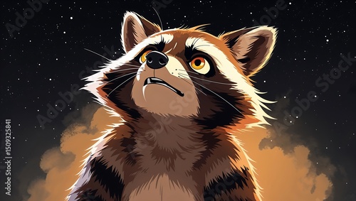  a worried-looking raccoon looking up at a dark night sky