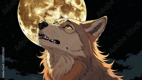 A vibrant anime style of a worried-looking wolf roaring looking up a full moon