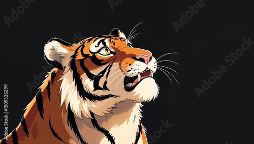 A vibrant anime style of a worried-looking tiger looking up at a dark night sky