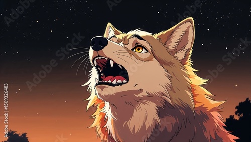  A vibrant anime style of a worried-looking wolf roaring