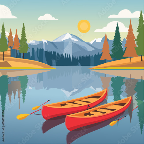 A mountain lake reflection scene with canoes and pines
