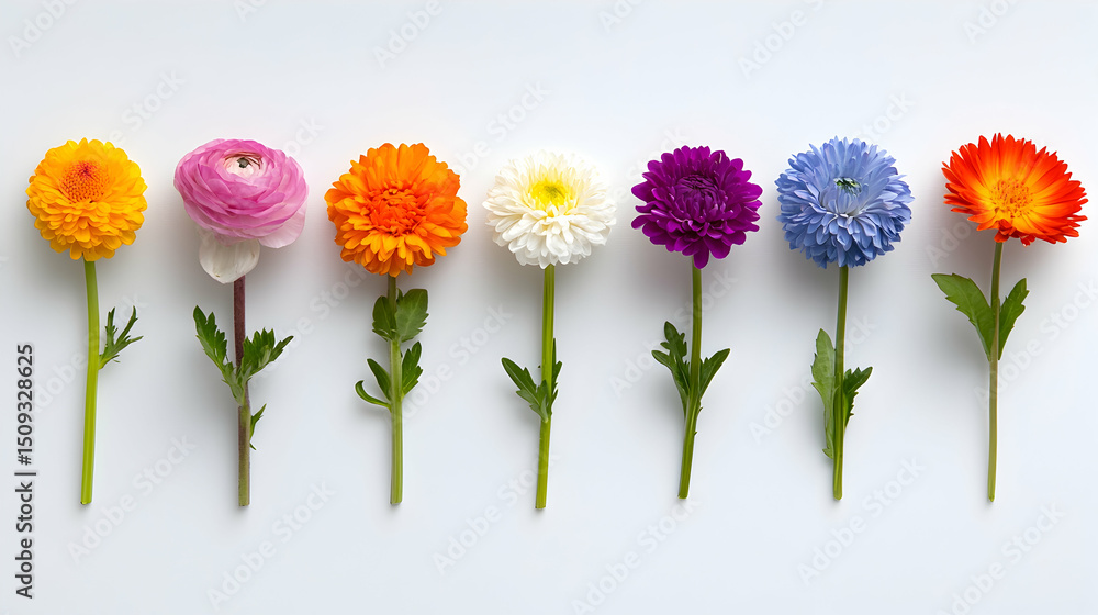 Obraz premium Colorful Flower Row on White Background