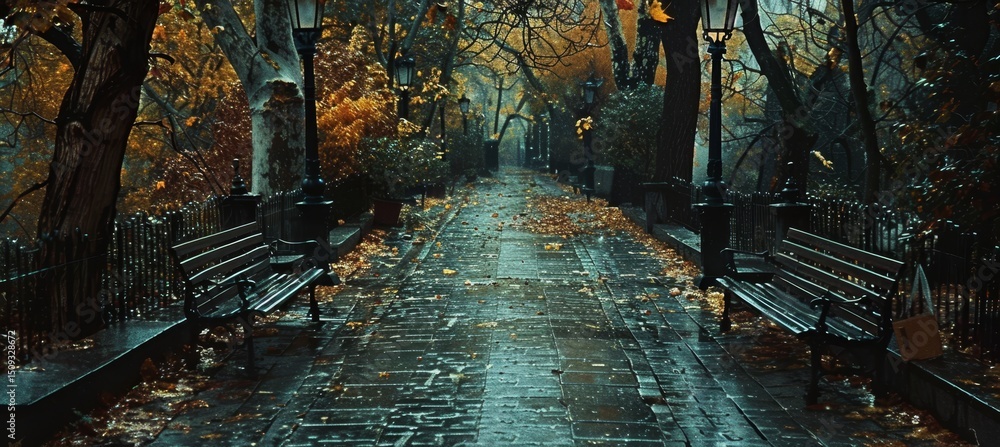 Obraz premium Dusk in a rain soaked urban park a serene encounter with nature amidst city life