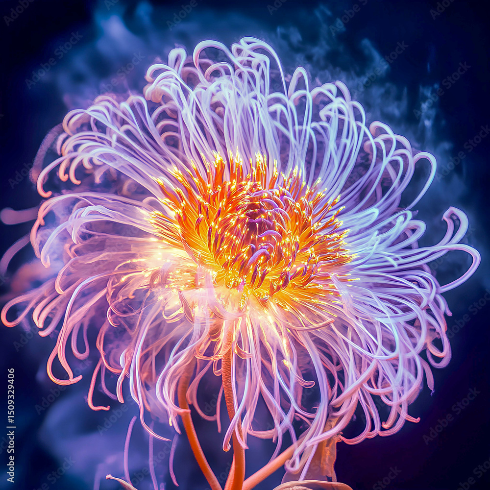 Fototapeta premium Delicate flower with intricate petals glowing softly in a darkened background, creating an ethereal atmosphere showcasing natural beauty and elegance